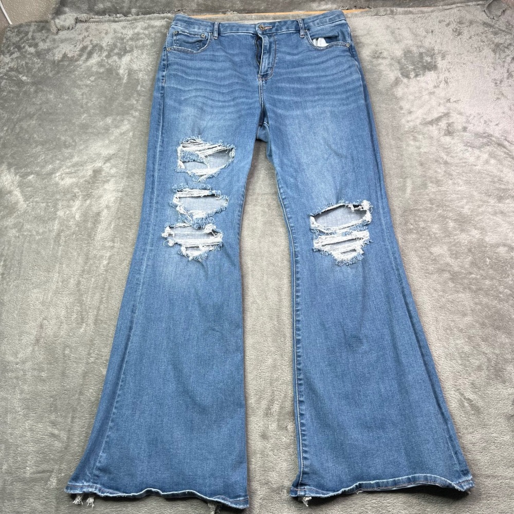 American Eagle Curvy Super High-Rise Flare Jeans Womens 16 Long Blue Stretch Rip